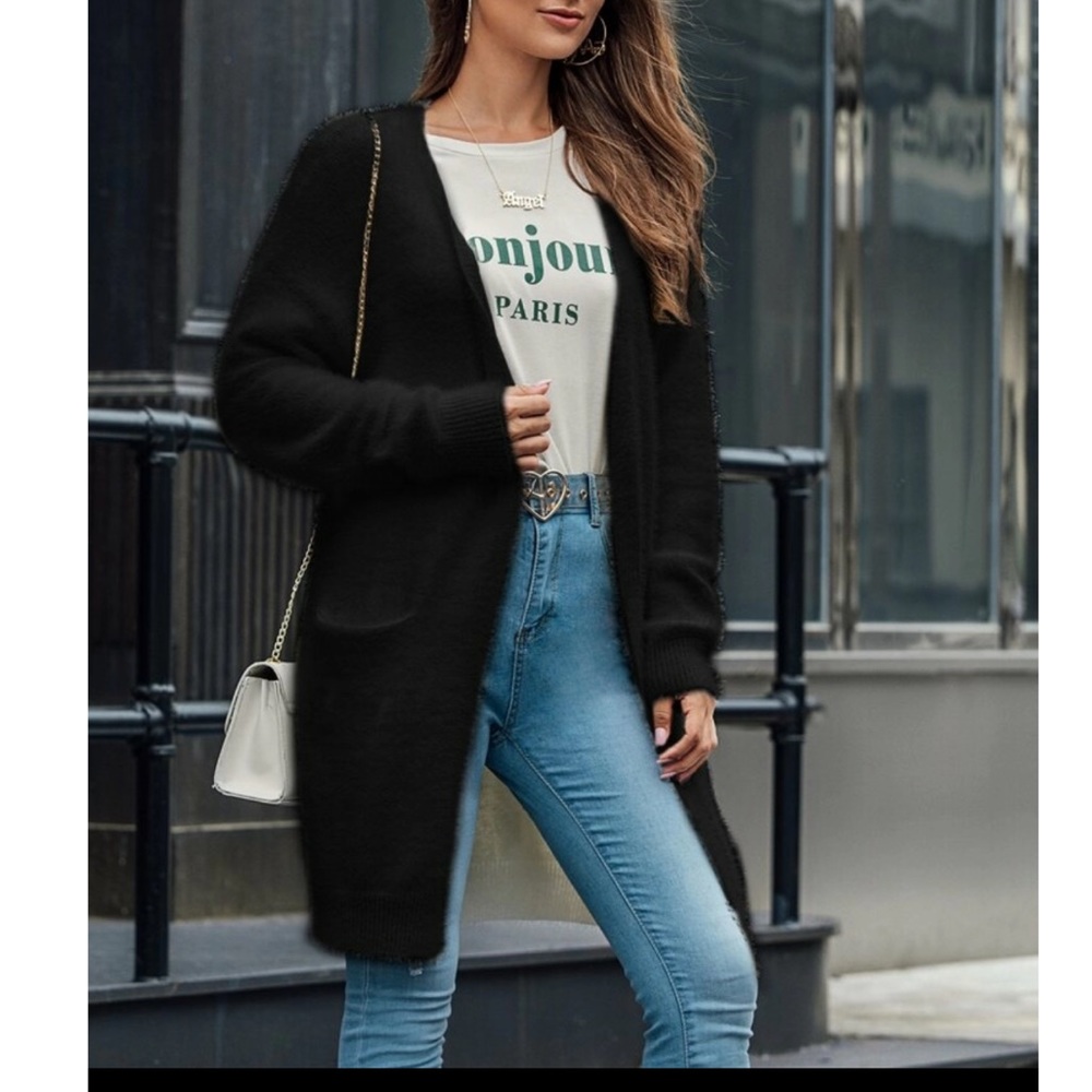 Pocketed fuzzy open front cardigan